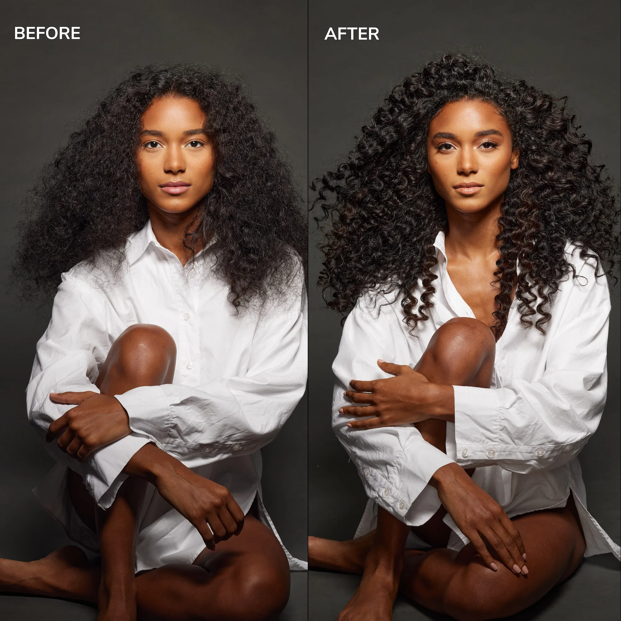 Vorher-Nachher-Bild von Frau mit Locken nach Anwendung von Curl Wow Shook Mix + Fix Bundling Spray von Color Wow