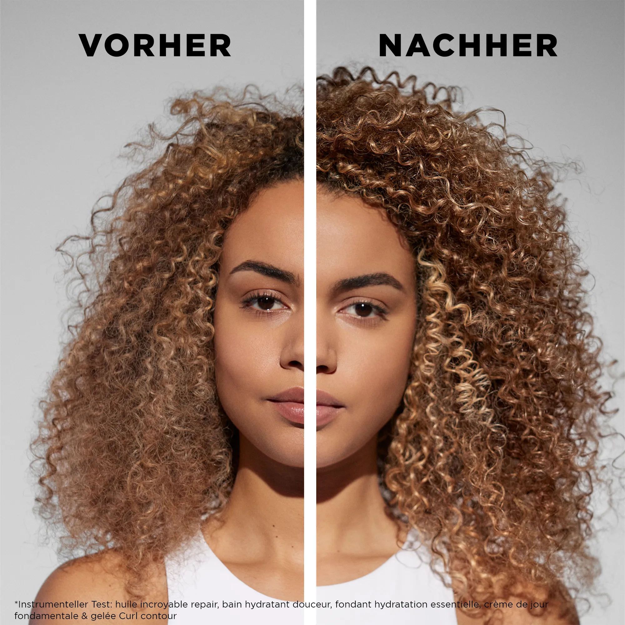 Vorher-Nachher-Bild von Frau mit Locken nach Anwendung der Kérastase Curl Manifesto Produkte